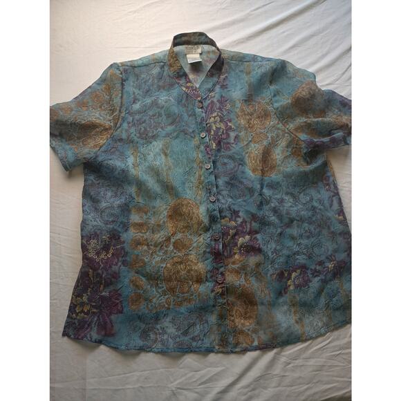 Koret Vintage Sheer Indigo Brown Floral Art To Wear Goth Grunge Button Down 16 - Picture 1 of 5